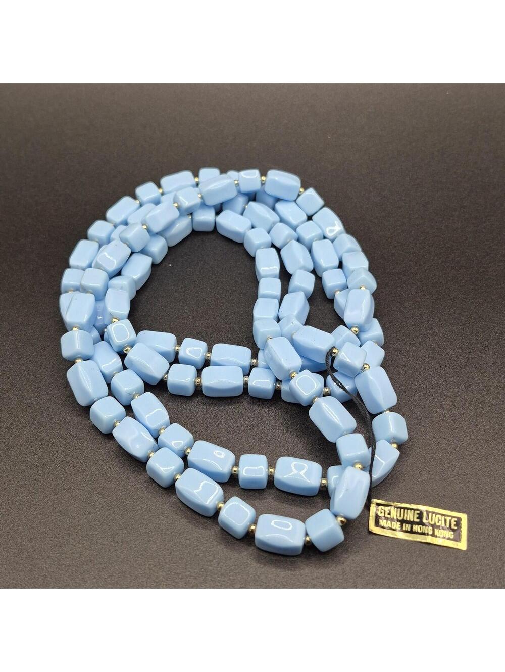 Vintage Light Blue Square Lucite Beaded Necklace Single Strand 48"